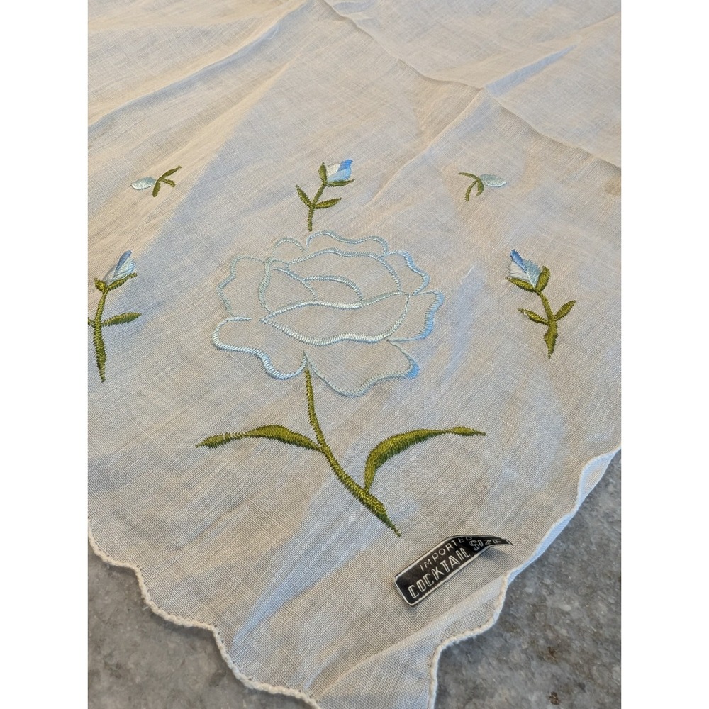 Vintage Embroidered Blue Green Flowers Cocktail‎ Napkin